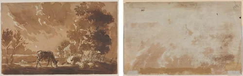 Landscape with Cattle (recto) Cattle (verso) by Jules Dupré, drawing, 1811-1889