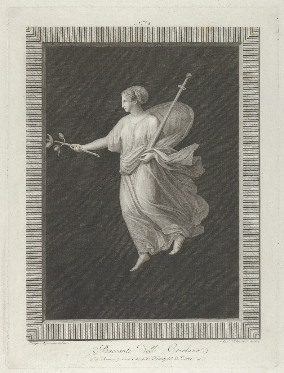 A bacchante holding a sword in her left arm and a branch with fruit in her right hand, set against a black background inside a rectangular frame by Antonio Ricciani, print, 1790-1825