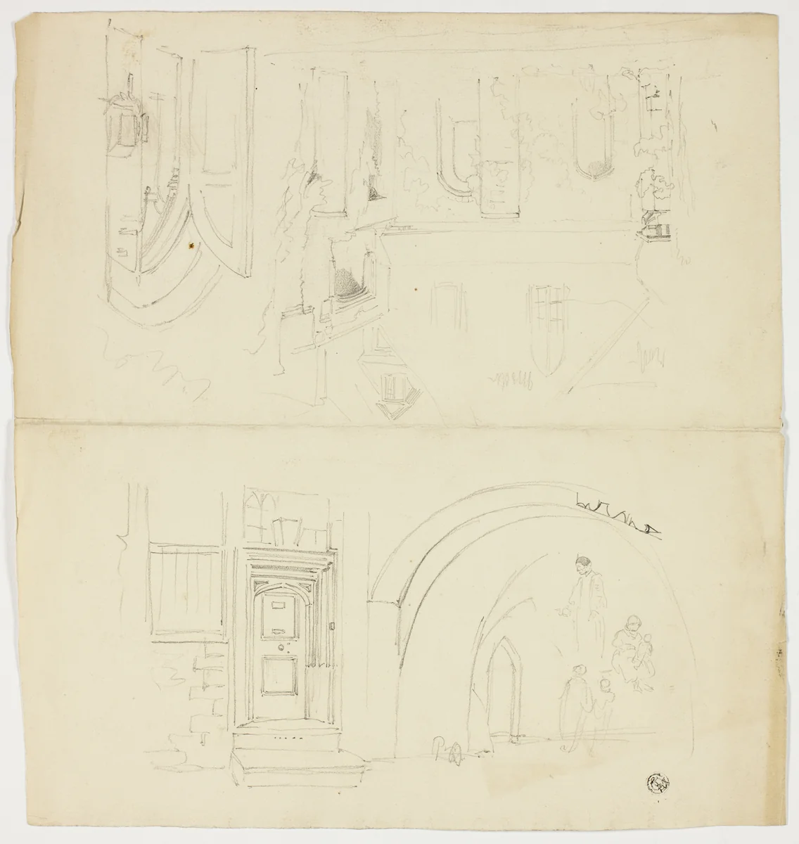 Sketches of Doorway, Figures, Building with Side Entrance to Church (recto); Sketch of Spire (verso) by Unknown Artist, drawing, 1800-1899
