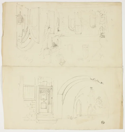 Sketches of Doorway, Figures, Building with Side Entrance to Church (recto); Sketch of Spire (verso) by Unknown Artist, drawing, 1800-1899