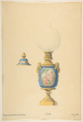 Design for an Oil Lamp and Lid by anonymous, drawing, 1800-1899