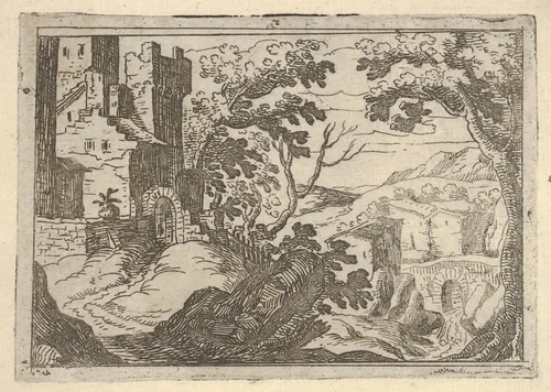 Landscape with buildings to the left and a bridge at right below by Remigio Cantagallina, print, 1615-1625