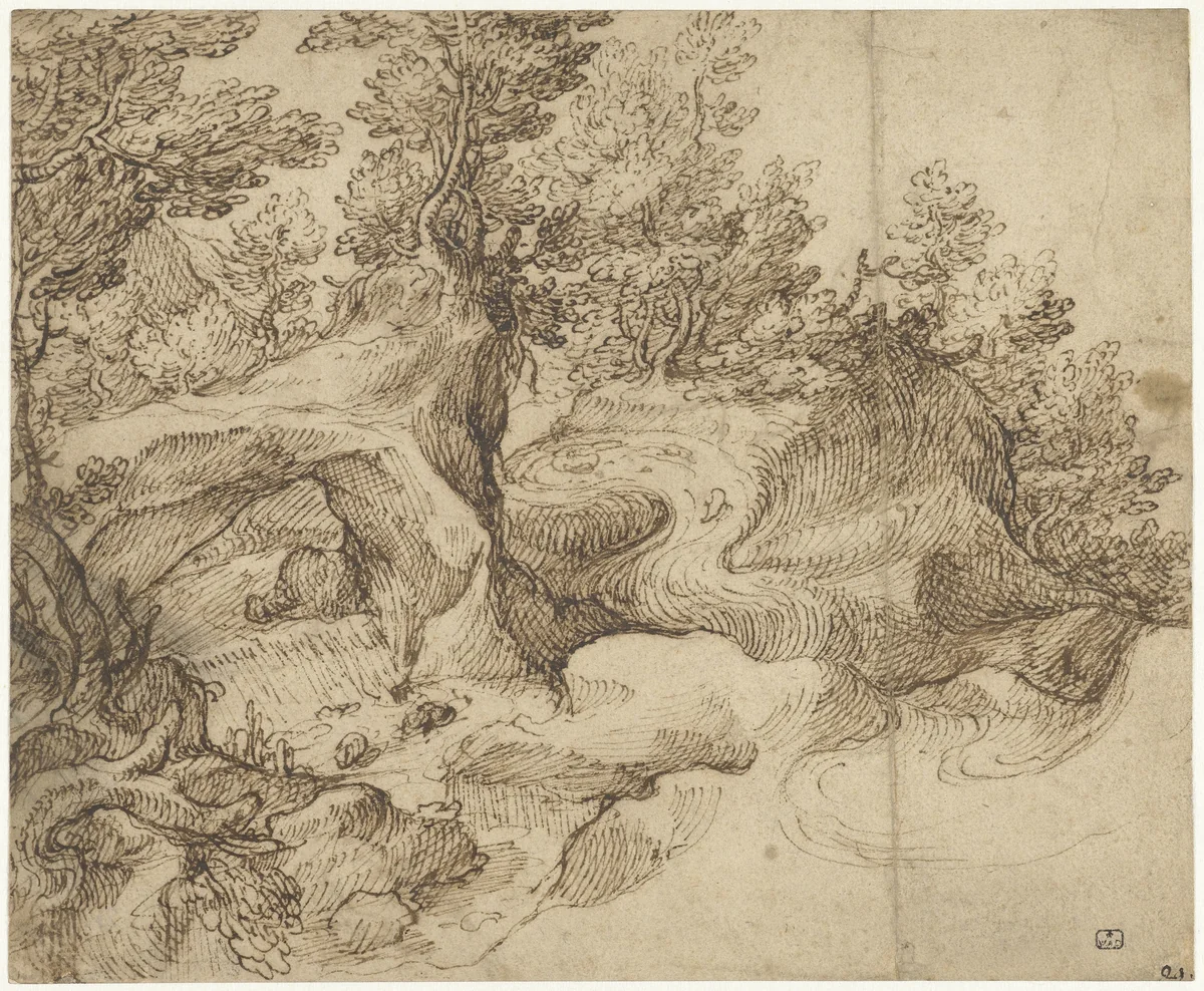 Begroeide rotsen bij een bergbeek by Girolamo Muziano, drawing, 1570-1575