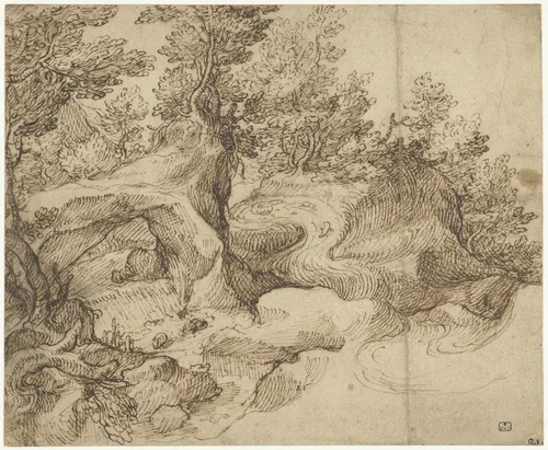 Begroeide rotsen bij een bergbeek by Girolamo Muziano, drawing, 1570-1575