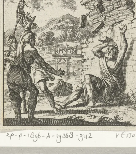Man wordt door instortende muur verpletterd by Jan Luyken, print, 1693