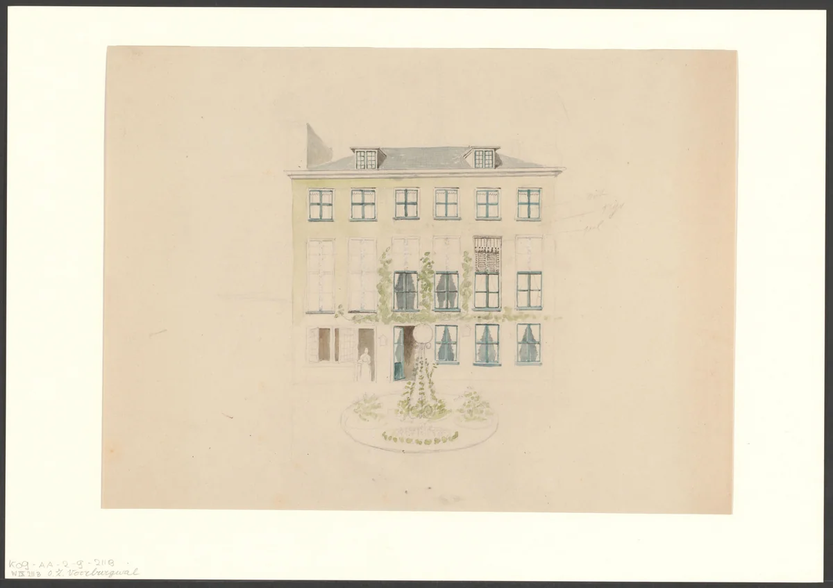 Gezicht op de achtergevel van de Oudezijds Voorburgwal 203, gezien vanuit de tuin by anonymous, drawing, 1850-1899