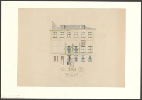 Gezicht op de achtergevel van de Oudezijds Voorburgwal 203, gezien vanuit de tuin by anonymous, drawing, 1850-1899