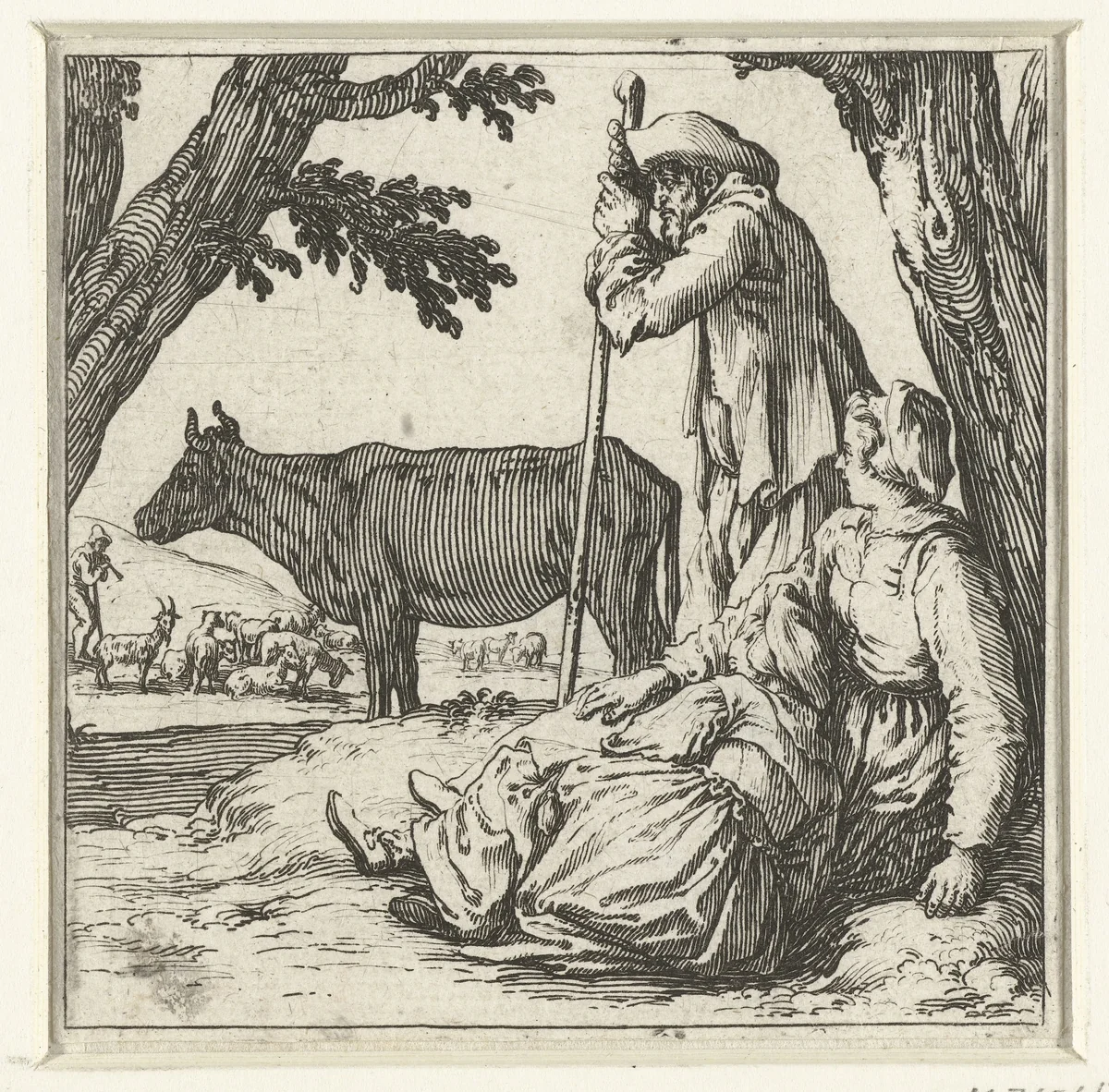 Boer, boerin en dochter met koe by Jacques Callot, print, 1621-1624