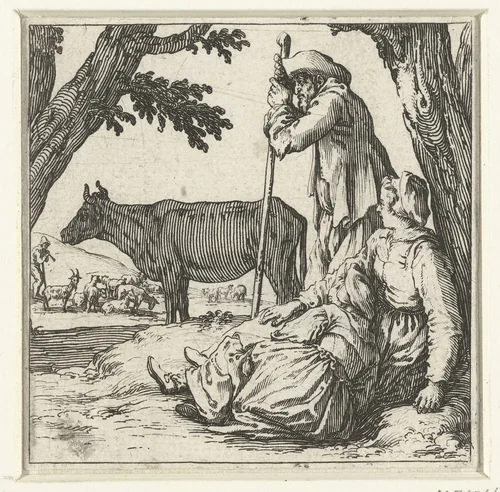 Boer, boerin en dochter met koe by Jacques Callot, print, 1621-1624