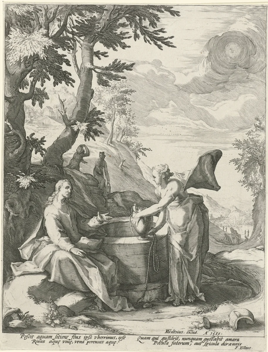 Christus en Samaritaanse vrouw by Unknown, print, 1589