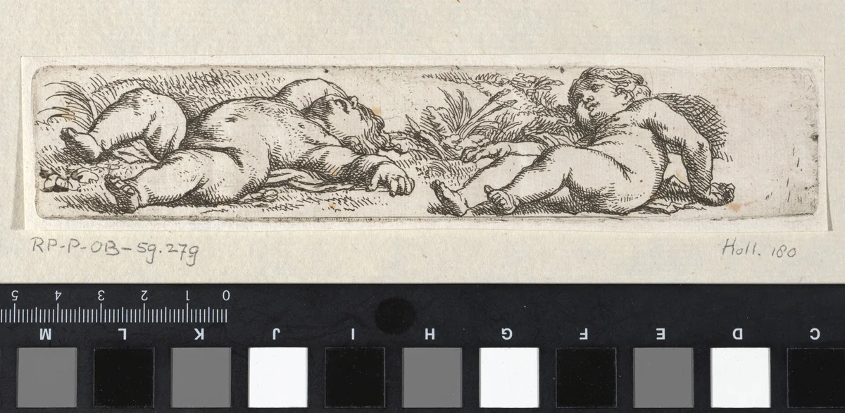 Twee op de grond slapende kinderen by Cornelis Schut, print, 1618-1655