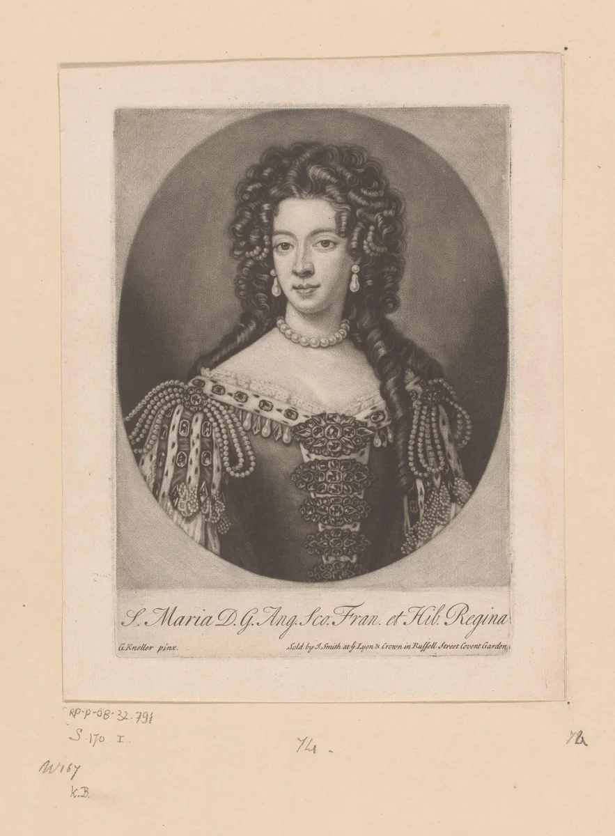 Portret van Maria II Stuart, koningin van Engeland, Schotland en Ierland by John Smith, print, 1685-1742