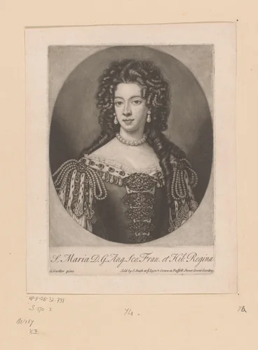 Portret van Maria II Stuart, koningin van Engeland, Schotland en Ierland by John Smith, print, 1685-1742