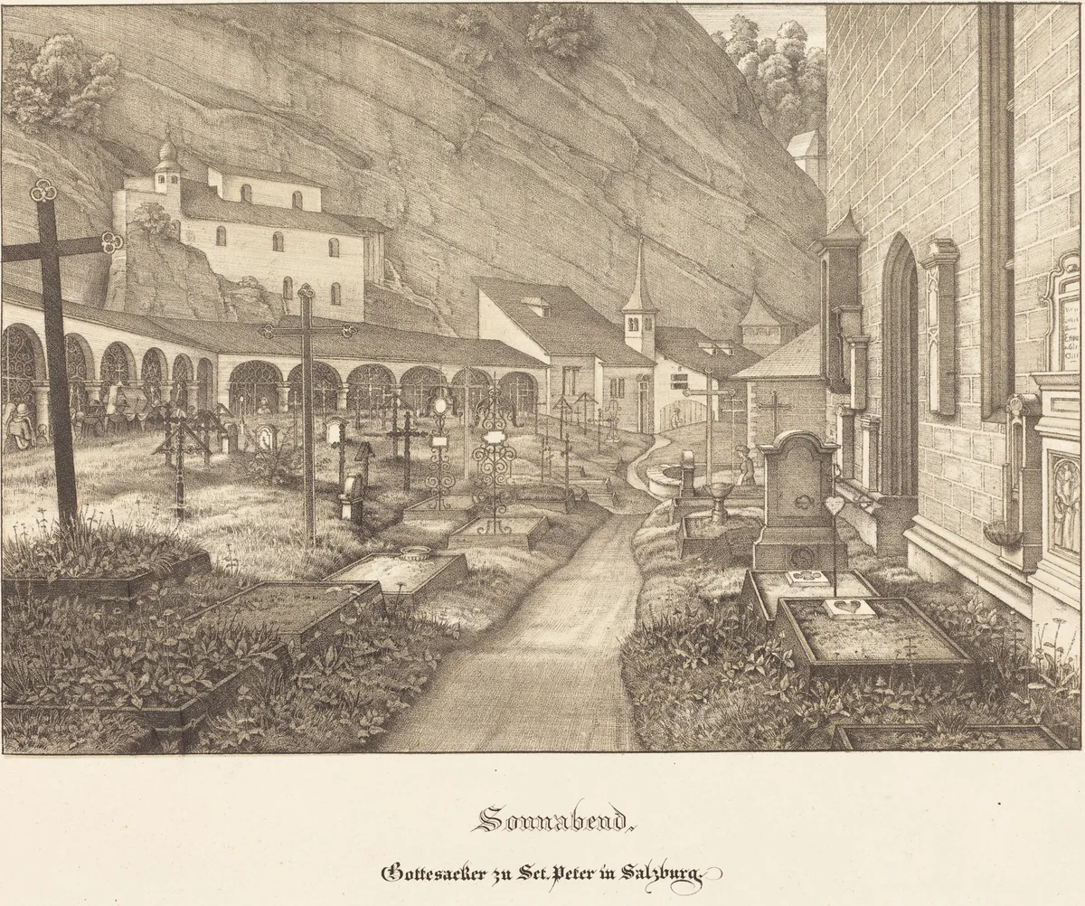 Sonnabend - Gottesacker zu St. Peter in Salzburg (Saturday - Graveyard of St. Peter's in Salzburg) by Ferdinand Olivier, print, 1823