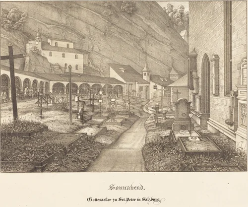 Sonnabend - Gottesacker zu St. Peter in Salzburg (Saturday - Graveyard of St. Peter's in Salzburg) by Ferdinand Olivier, print, 1823