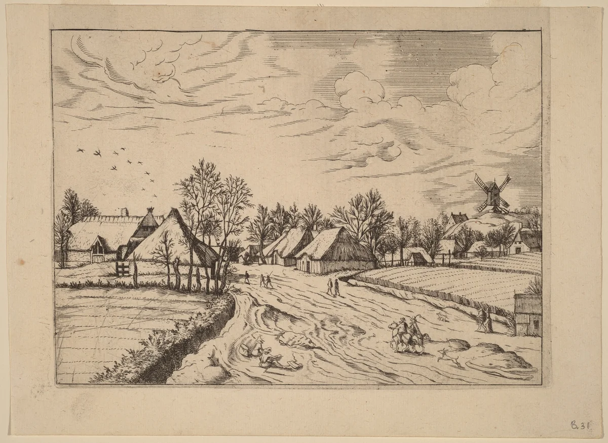 Country Village with Post Mill by Johannes van Doetechum; Lucas van Doetechum; Master of the Small Landscapes, print, 1605