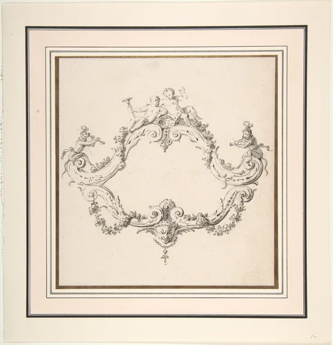 Design for a Rococo Cartouche with Putti and Monkeys by Clément Pierre Marillier, drawing, 1740-1808