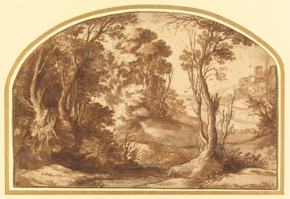 Pool at the Edge of a Wood by Herman van Swanevelt, drawing, 1600-1655