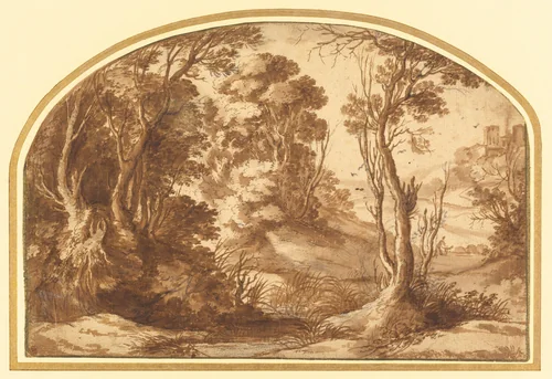 Pool at the Edge of a Wood by Herman van Swanevelt, drawing, 1600-1655