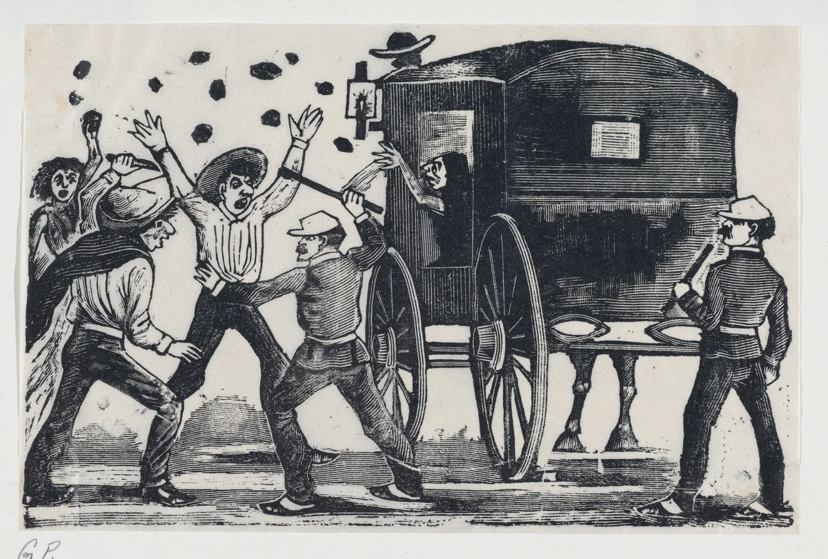 Men fighting near a horse and carriage by José Guadalupe Posada, print, 1891-1901