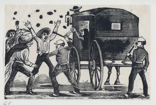 Men fighting near a horse and carriage by José Guadalupe Posada, print, 1891-1901