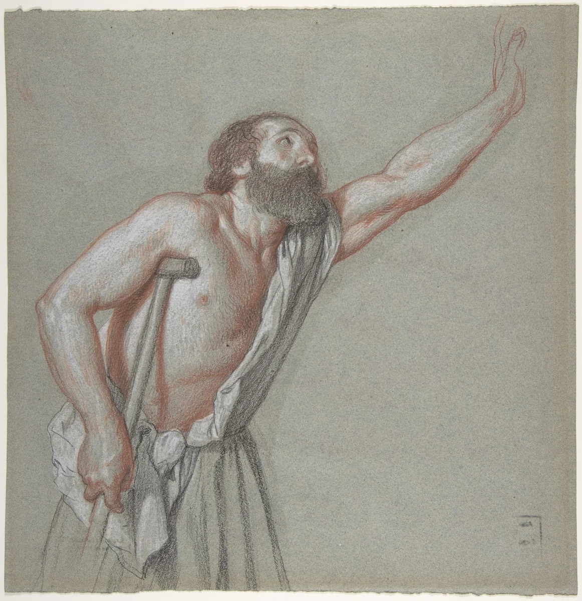 Man Leaning on a Crutch with Left Arm Raised by Alexandre Hesse, drawing, 1820-1879
