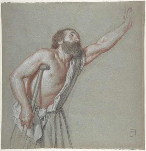 Man Leaning on a Crutch with Left Arm Raised by Alexandre Hesse, drawing, 1820-1879