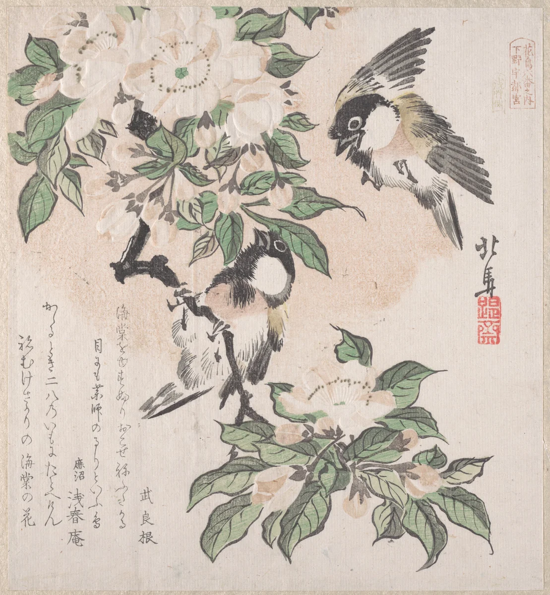 Spring Rain Collection (Harusame shū), vol. 3: Marsh-tits and Crab Apple Flowers by Teisai Hokuba (蹄斎北馬), print, 1810-1830