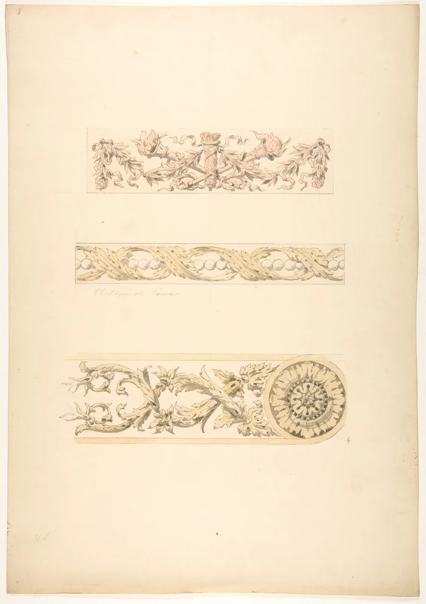 Three ornamental motifs in rococco style by Jules-Edmond-Charles Lachaise, drawing, 1889