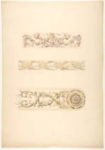 Three ornamental motifs in rococco style by Jules-Edmond-Charles Lachaise, drawing, 1889