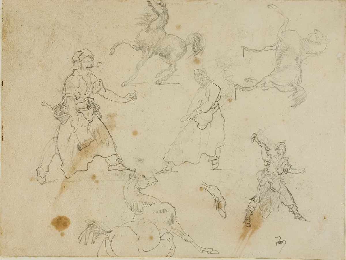 Studies of Blacksmiths and Horses by Jean Louis André Théodore Géricault, drawing, 1813-1814