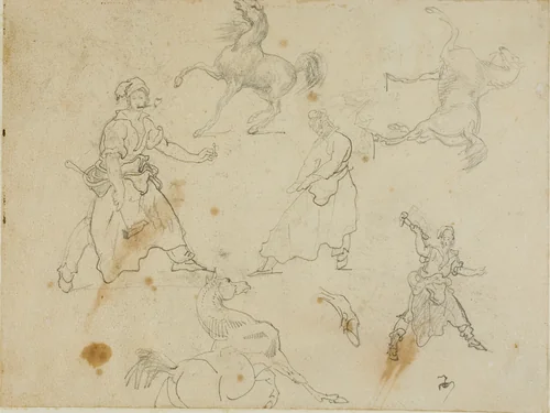 Studies of Blacksmiths and Horses by Jean Louis André Théodore Géricault, drawing, 1813-1814