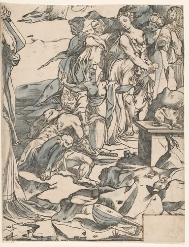 Mozes breekt de tafelen der wet (derde deel) by Andrea Andreani, print, 1590