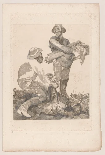 Twee arbeiders met touw en planken by Johannes Josephus Aarts, print, 1881-1934