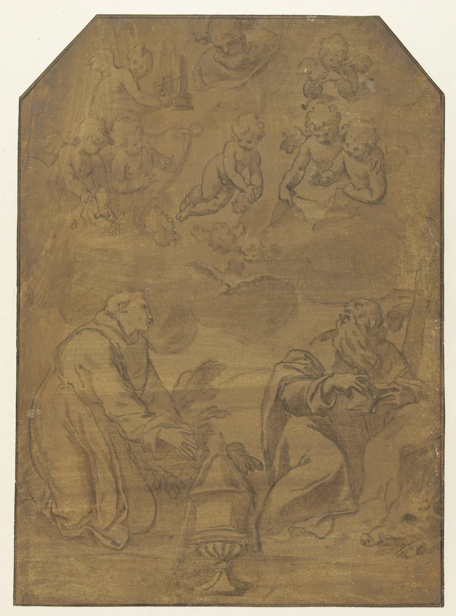 Heiligen Franciscus en Antonius Abbas knielend in een landschap by Unknown, drawing, 1540-1620