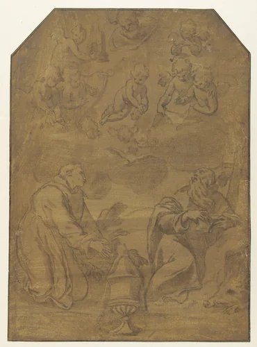 Heiligen Franciscus en Antonius Abbas knielend in een landschap by Unknown, drawing, 1540-1620