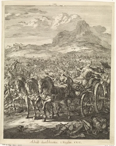 Achab dodelijk getroffen door een pijl by Jan Luyken, print, 1708