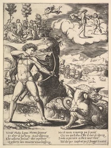 Apollo standing at left shooting a python with an arrow, above to the left are the muses and at right on a cloud Cupid approaching Apollo, from "Story of Apollo and Daphne" by Master of the Die, print, 1530-1560