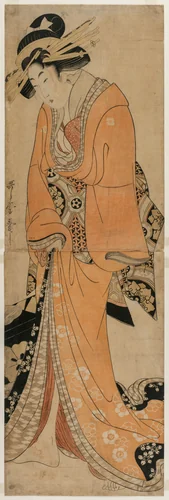 Geisha Standing Beside a Shamisen Case by Kitagawa Utamaro II, print, 1805-1815