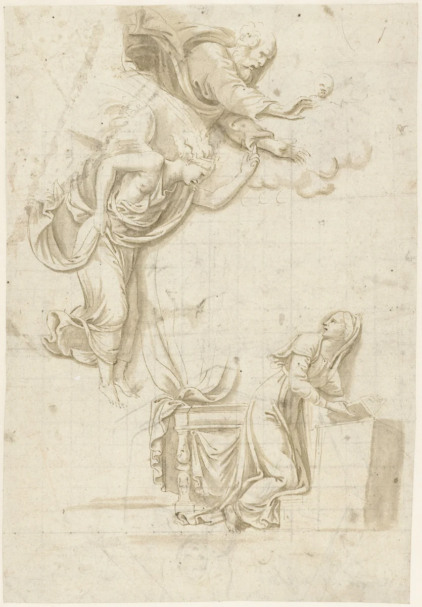 De verkondiging, met God de Vader by Giulio Romano, drawing, 1510-1546