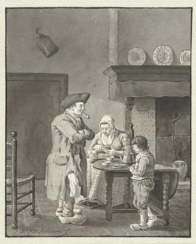 Een moeder snijdt brood voor haar man en zoon by Hendrik Jan van Amerom, drawing, 1786-1833