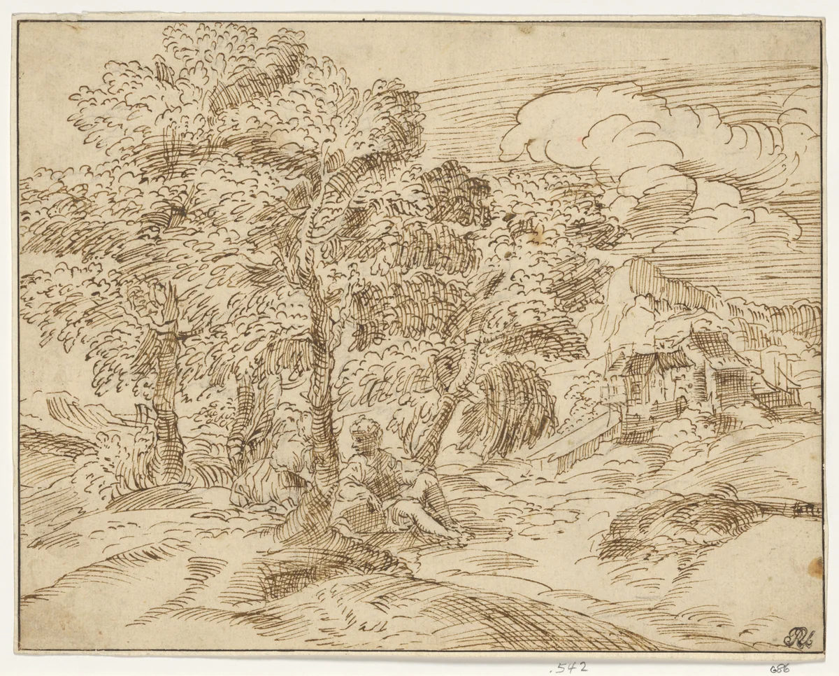Landscape with Two Seated Figures by Domenico Campagnola, drawing, 1500-1600