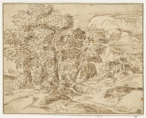 Landscape with Two Seated Figures by Domenico Campagnola, drawing, 1500-1600
