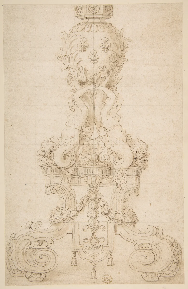 Design for a Candelabrum with the Monogram of Louis XIV by anonymous, drawing, 1600-1699