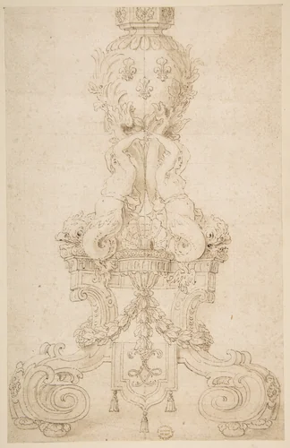Design for a Candelabrum with the Monogram of Louis XIV by anonymous, drawing, 1600-1699