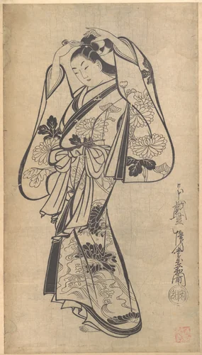 Courtesan Placing a Hairpin in Her Hair by Kaigetsudō Anchi, print, 1704-1724