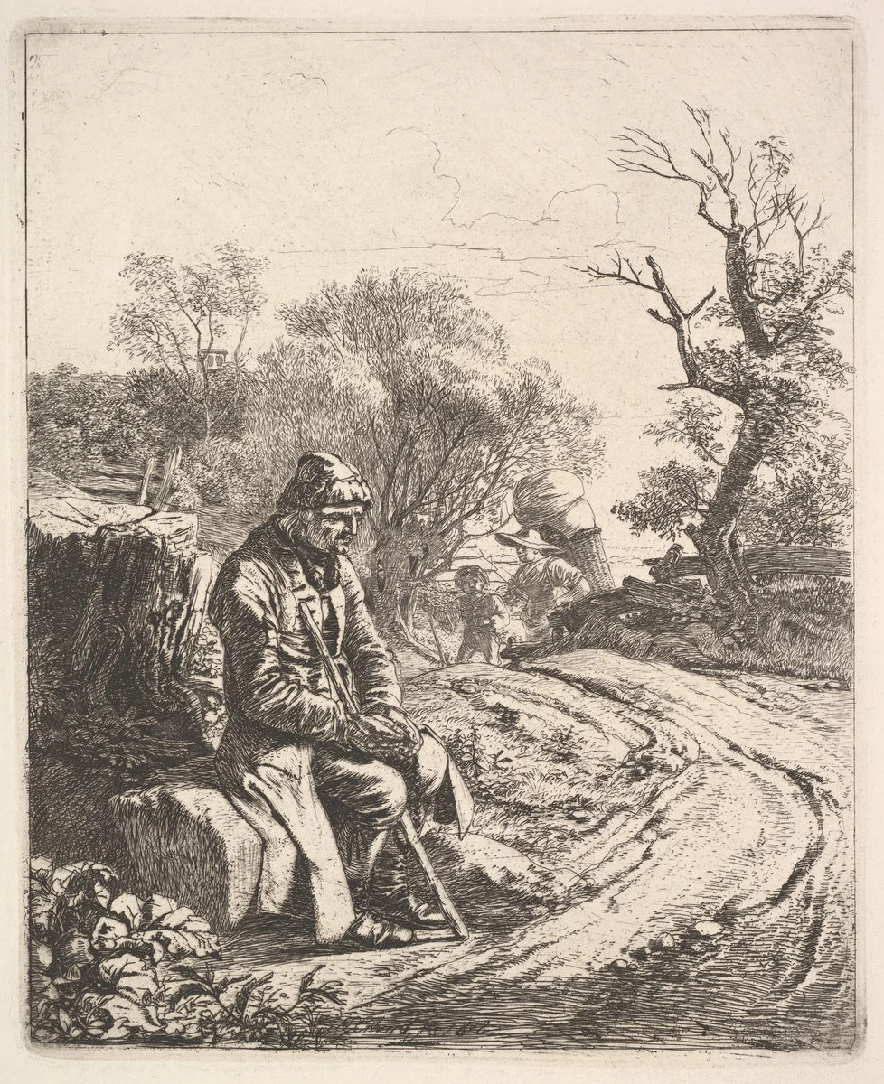 An Old Man Sitting on the Roadside by Johann Christoph Erhard, print, 1818