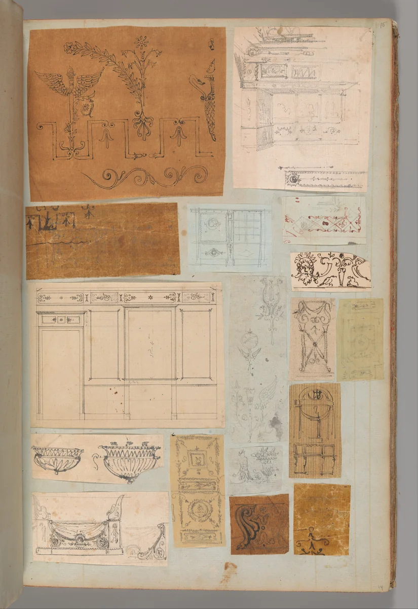 Page from a Scrapbook containing Drawings and Several Prints of Architecture, Interiors, Furniture and Other Objects by Charles Percier, book, 1795-1805