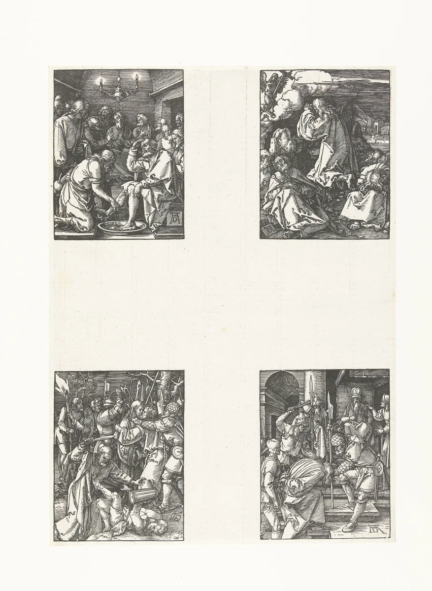 Voetwassing, Christus op de Olijfberg, Gevangenneming, Christus voor Annas by Unknown, print, 1508-1510
