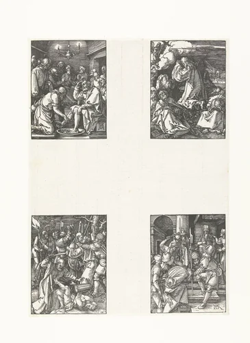 Voetwassing, Christus op de Olijfberg, Gevangenneming, Christus voor Annas by Unknown, print, 1508-1510